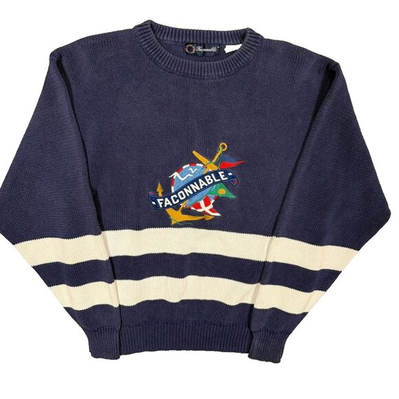 Faconnable Knit Sweater Striped Crewneck 100% Cotton Blue Pullover Small - Picture 1 of 7